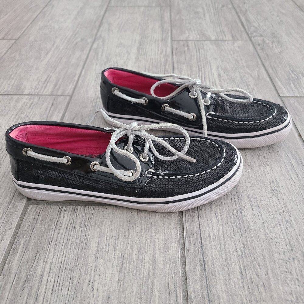 Sperry Top-Sider Bahama kids black sequin slip on boat shoes loafers size 3M